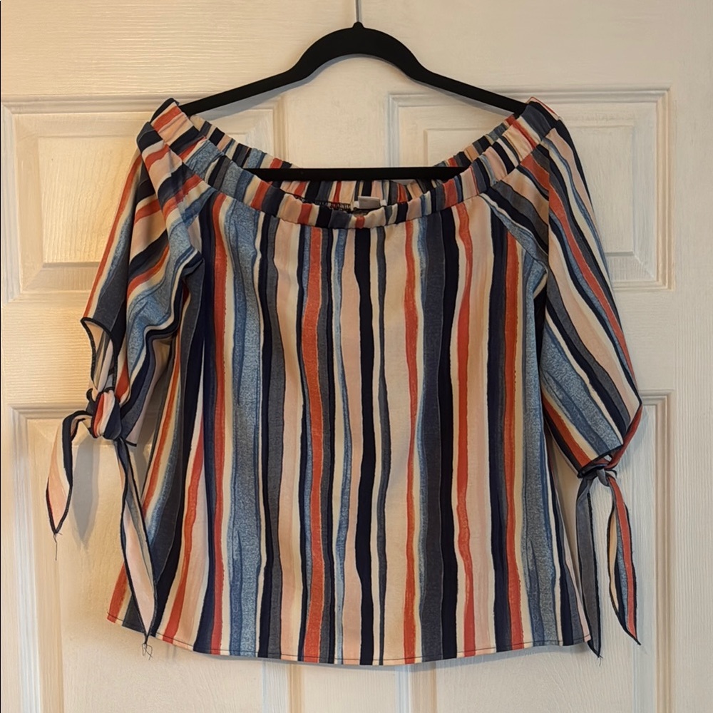 Bar III Blue and Pink Off-the-Shoulder Blouse with 3/4 Sleeves